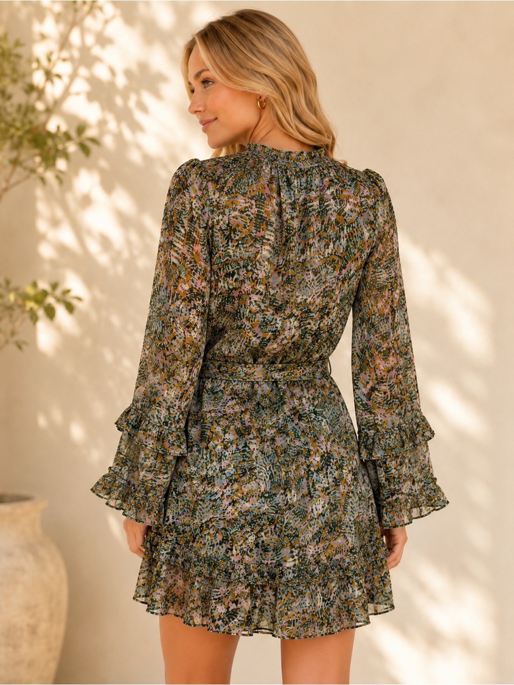 Donna Morgan Green Multi-Print Ruffle Long-Sleeve Mini Dress - Picture 2 of 4